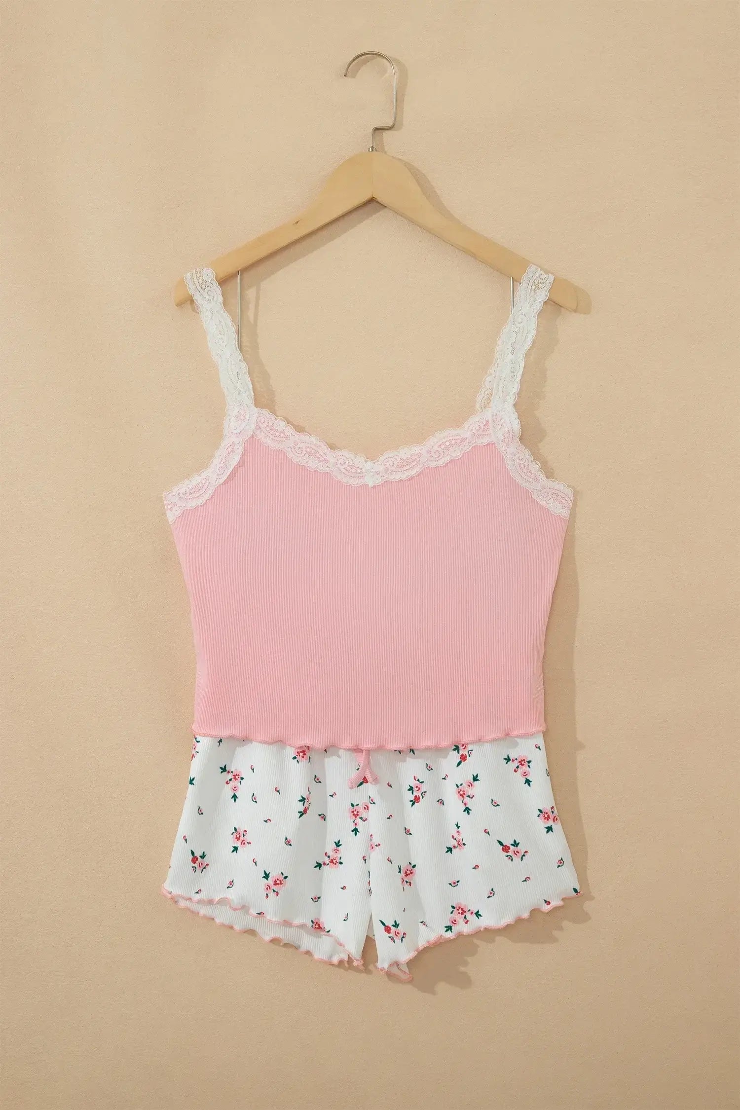Pink Ribbed Knit Lace Straps Patchwork Lettuce Hem Cropped Top Floral Short Lounge Set - Sweet Fashion Wholesale