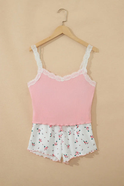 Pink Ribbed Knit Lace Straps Patchwork Lettuce Hem Cropped Top Floral Short Lounge Set - Sweet Fashion Wholesale