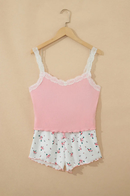 Pink Ribbed Knit Lace Straps Patchwork Lettuce Hem Cropped Top Floral Short Lounge Set - Sweet Fashion Wholesale