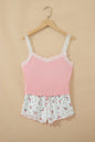 Pink Ribbed Knit Lace Straps Patchwork Lettuce Hem Cropped Top Floral Short Lounge Set - Sweet Fashion Wholesale