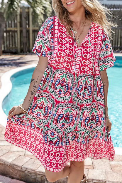Pink Bohemian Print Tie Neck Ruffle Hem Short Dress