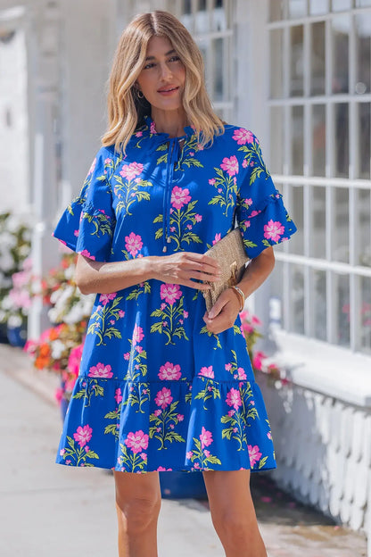 Blue V Neck Short Sleeve Loose Flower Dress - Sweet Fashion Wholesale