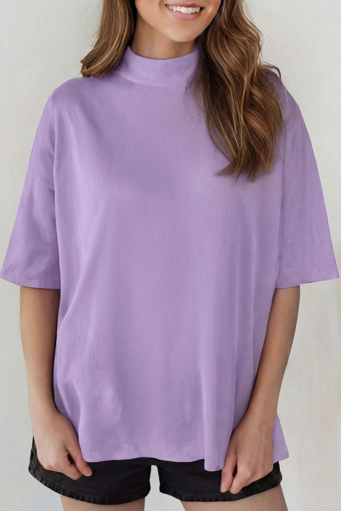 Dark Blue Solid Color High Neck Oversize Tee