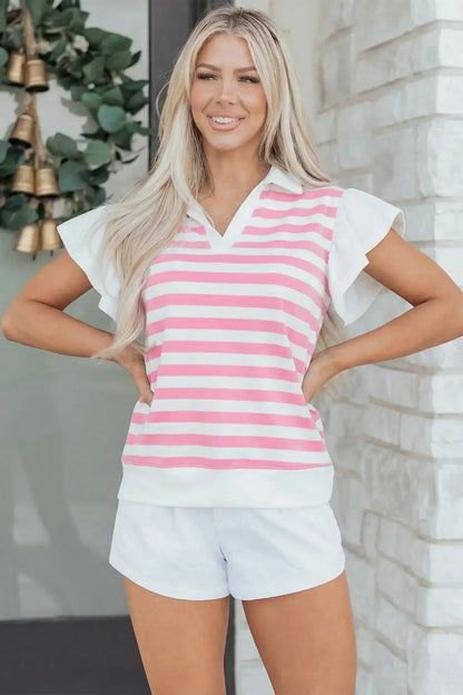Green Stripe Collar V Neck Ruffled Short Sleeve Blouse - Sweet Fashion Wholesale