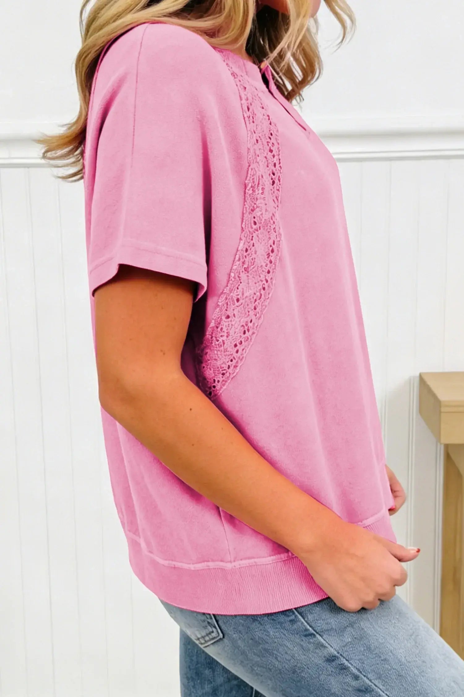 Pink Raw Cut Notched Neck Lace Patchwork Detail Mineral Wash Tee - Sweet Fashion Wholesale