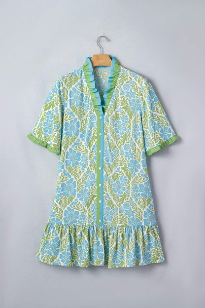 Sky Blue Botanical Floral Print Frilled Trim V Neck Button Front Loose Dress