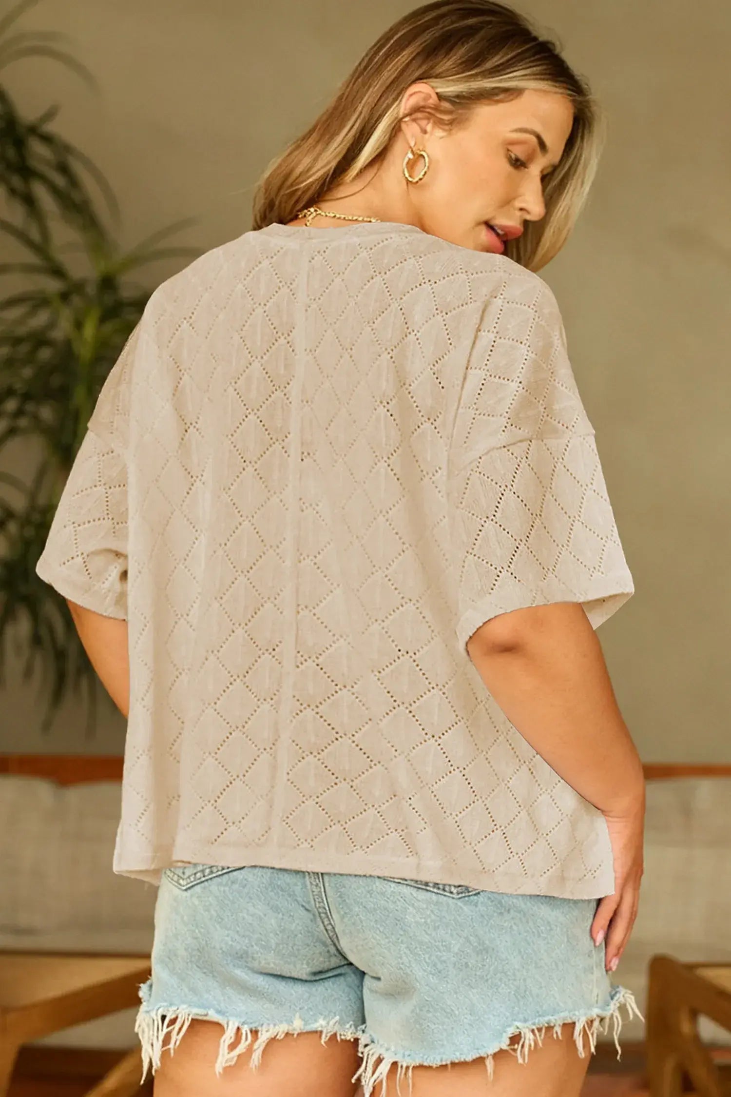 Black Pointelle Rhombus Knit Plus Size V Neck Loose Top - Sweet Fashion Wholesale