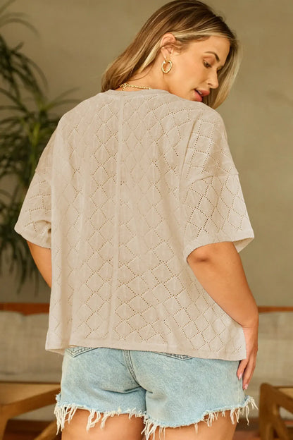 Black Pointelle Rhombus Knit Plus Size V Neck Loose Top - Sweet Fashion Wholesale