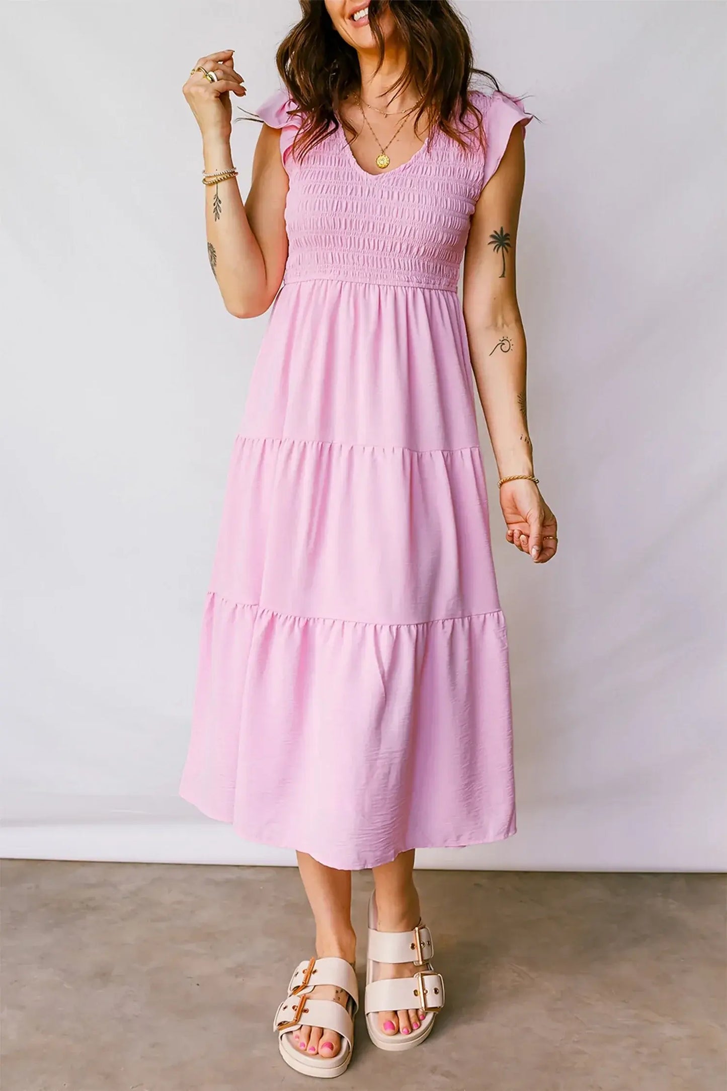 Pink Smocked Bodice Flutter Sleeve Fit Flare Tiered Midi Dress - Sweet Fashion Wholesale