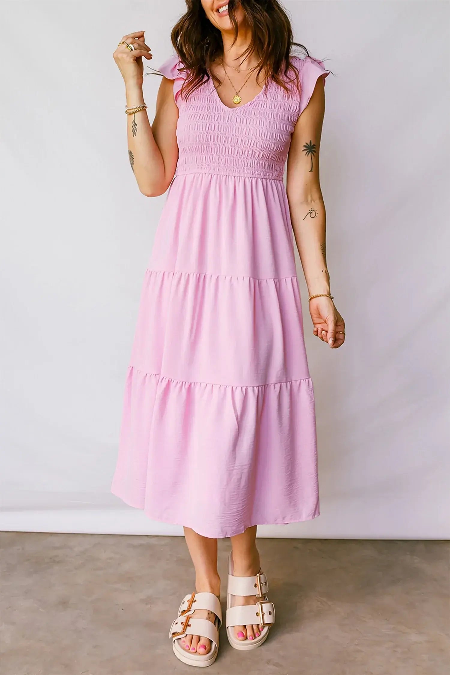 Pink Smocked Bodice Flutter Sleeve Fit Flare Tiered Midi Dress - Sweet Fashion Wholesale