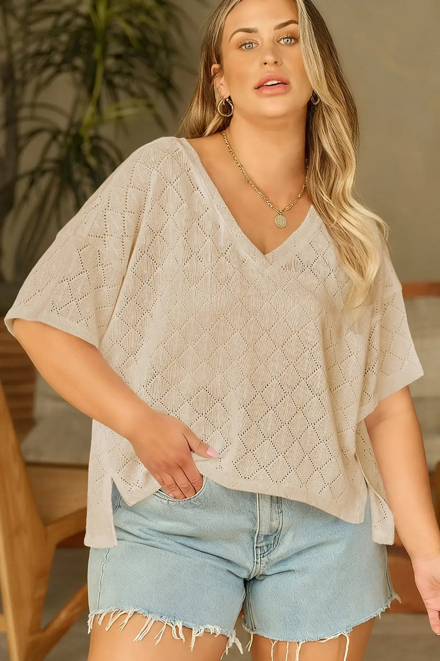 Black Pointelle Rhombus Knit Plus Size V Neck Loose Top - Sweet Fashion Wholesale
