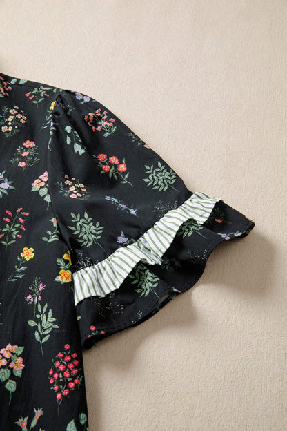 Black Contrast Frilled Trim Short Sleeve Floral Shirt - Sweet Fashion Wholesale