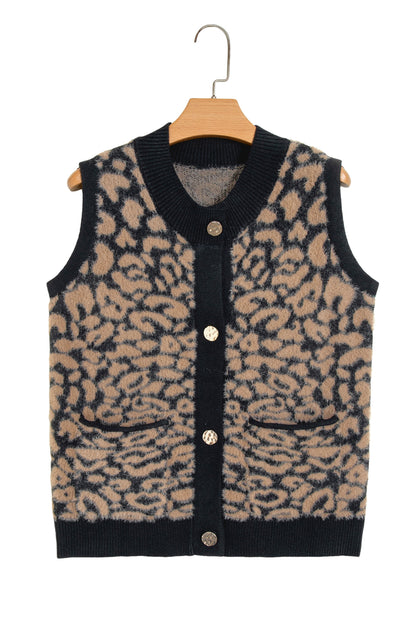 Pink Leopard Print Knit Sleeveless Regular Wash Sweater Vest