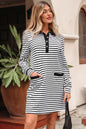 White Stripe Buttoned Front Collared Long Sleeve T Shirt Dress with Pockets