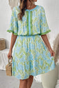 Sky Blue Floral Print High Waist Ruffle Short Sleeve Mini Dress