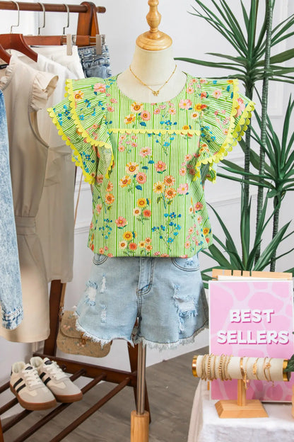 Green Stripe Floral Printed Scalloped Detail Ruffle Short Sleeve Blouse - Sweet Fashion Wholesale