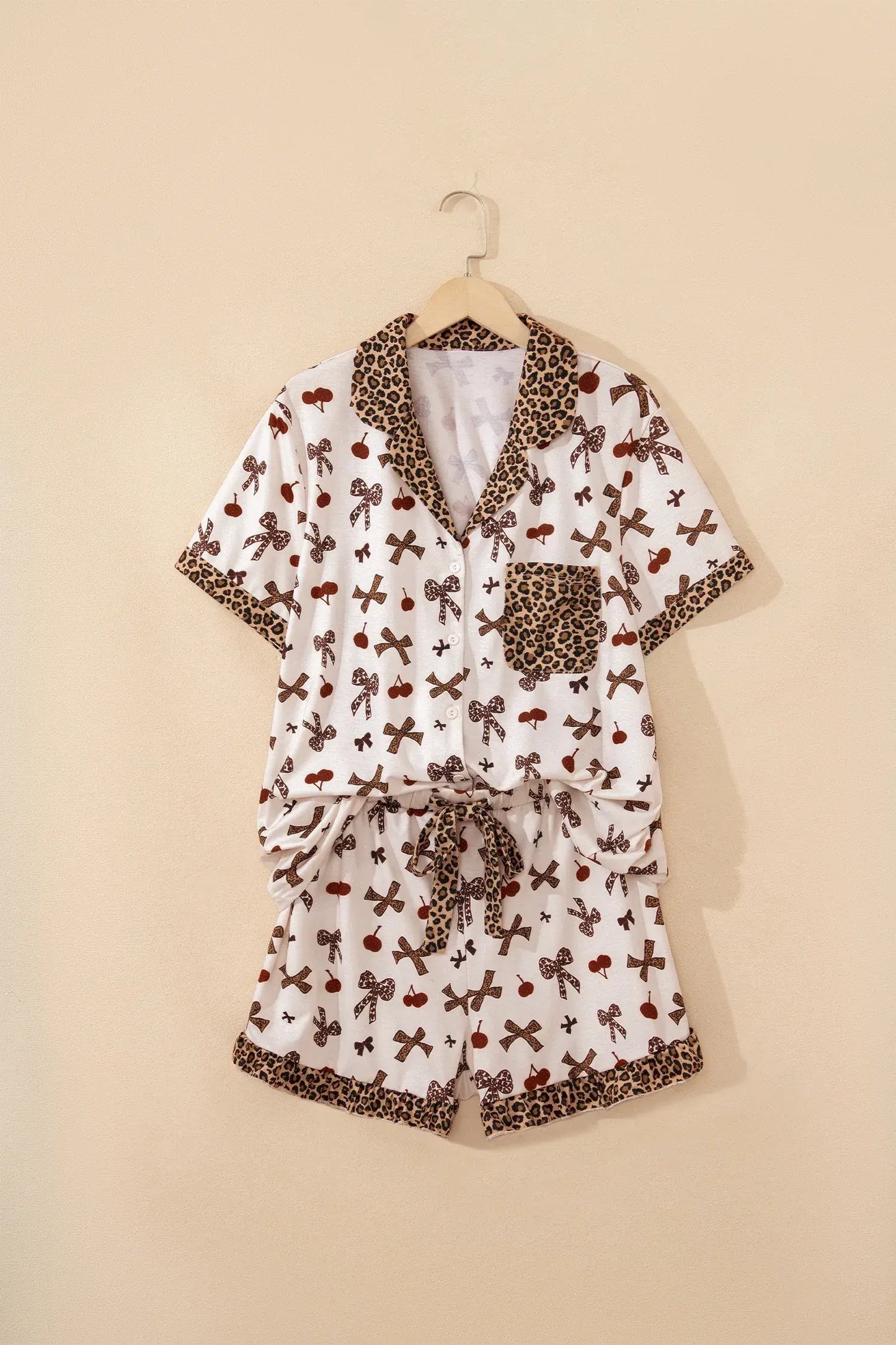 White Chic Bow Cherry Printed Leopard Contrast Patchwork Shirt Drawstring Shorts 2pcs PJ Set