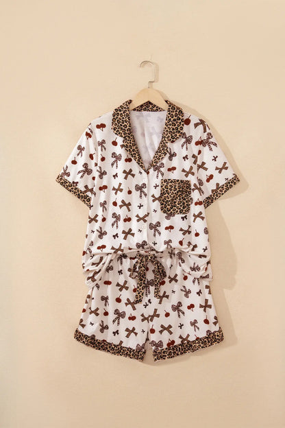 White Chic Bow Cherry Printed Leopard Contrast Patchwork Shirt Drawstring Shorts 2pcs PJ Set