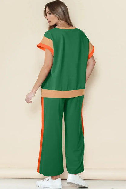 Dark Green Color Block Detail Casual Two-piece Set - Sweet Fashion Wholesale