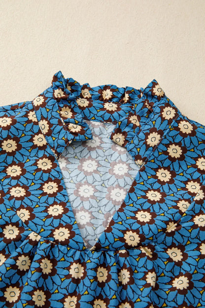 Sky Blue Retro Floral Print V Neck Pleated Detail Short Puff Sleeve Blouse - Sweet Fashion Wholesale