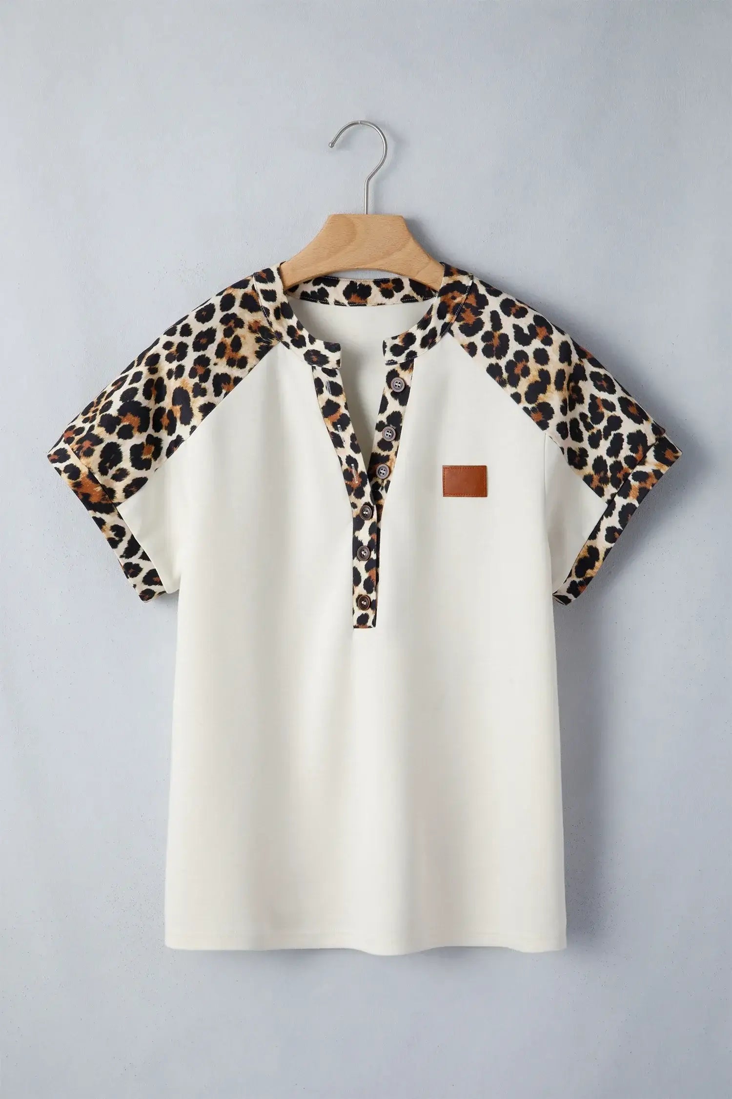 Beige Leopard Patchwork Half Button Short Sleeve Top - Sweet Fashion Wholesale