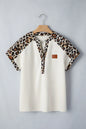 Beige Leopard Patchwork Half Button Short Sleeve Top - Sweet Fashion Wholesale