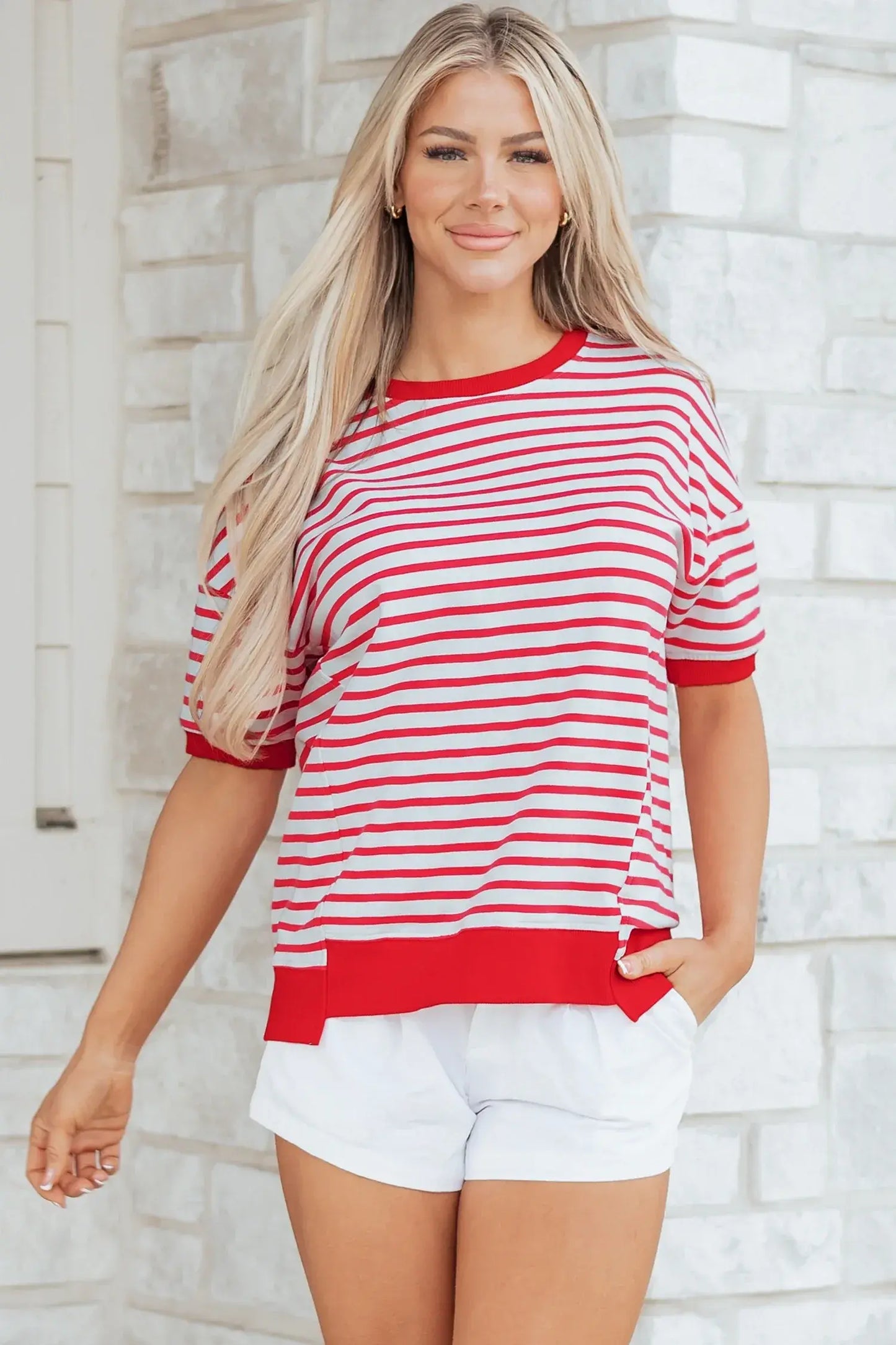 Red Stripe Drop Shoulder Half Sleeve T Shirt - Sweet Fashion Wholesale