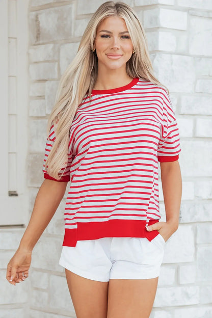 Red Stripe Drop Shoulder Half Sleeve T Shirt - Sweet Fashion Wholesale