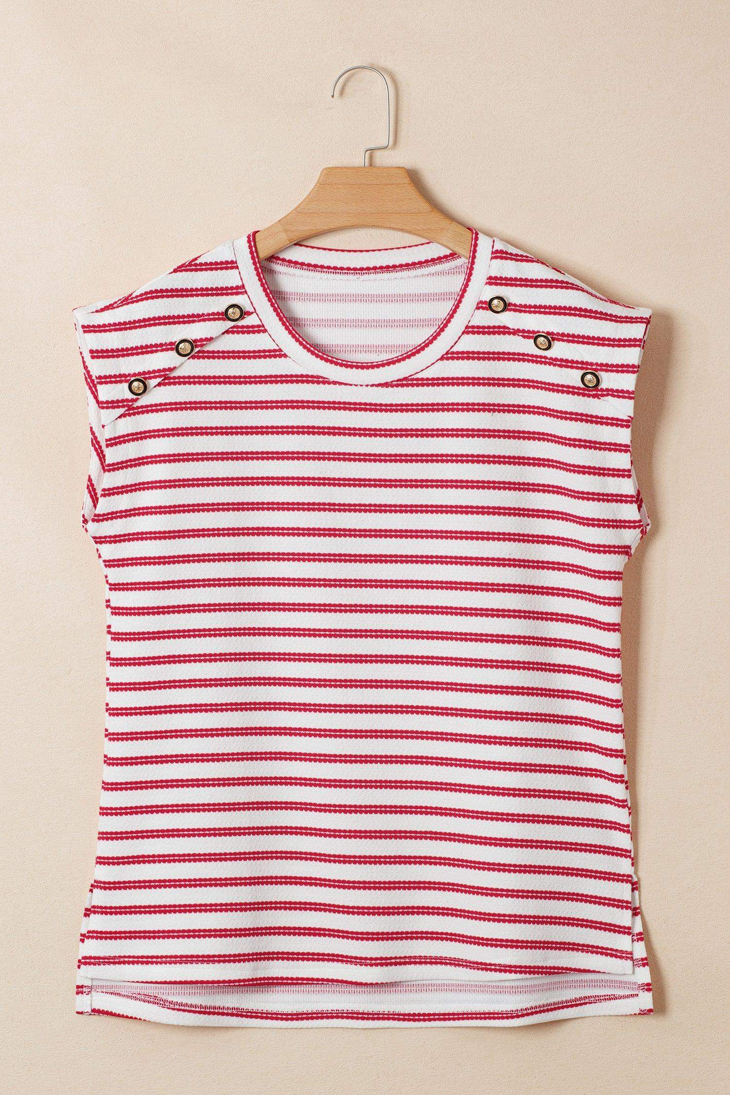 Red Stripe Textured Knit Button Detail Short Sleeve Casual Tee - Sweet Fashion Wholesale