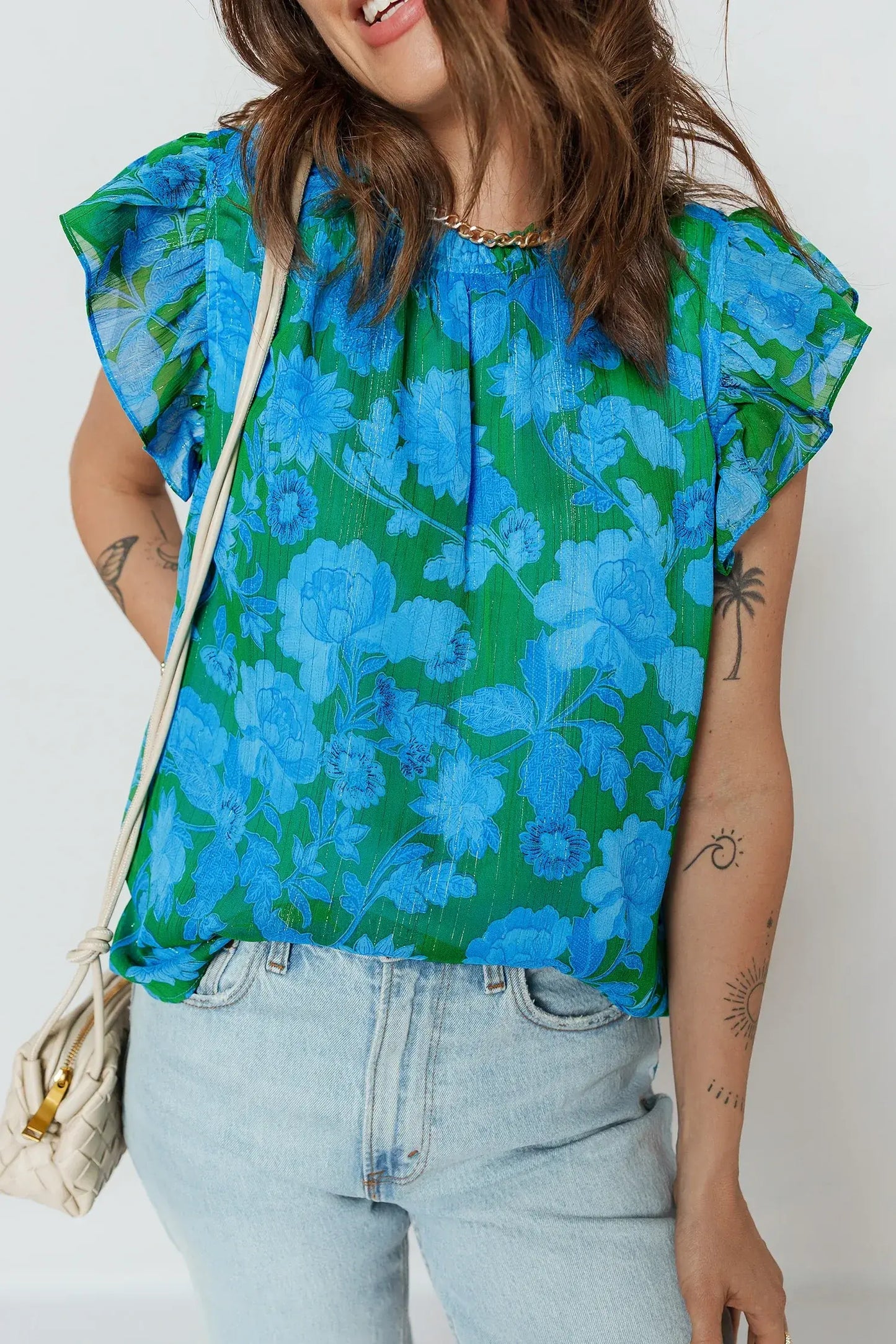 Green Floral Print Ruffled Sleeve Summer Blouse - Sweet Fashion Wholesale