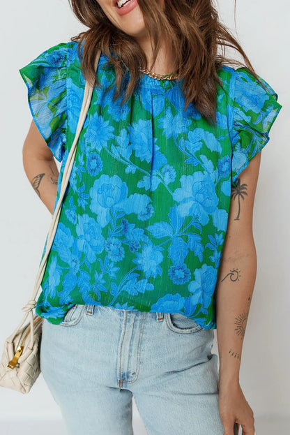 Green Floral Print Ruffled Sleeve Summer Blouse - Sweet Fashion Wholesale