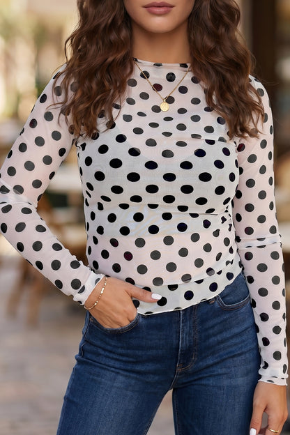 White Polka Dot Mesh Long Sleeve Stand Neck Sheath Top