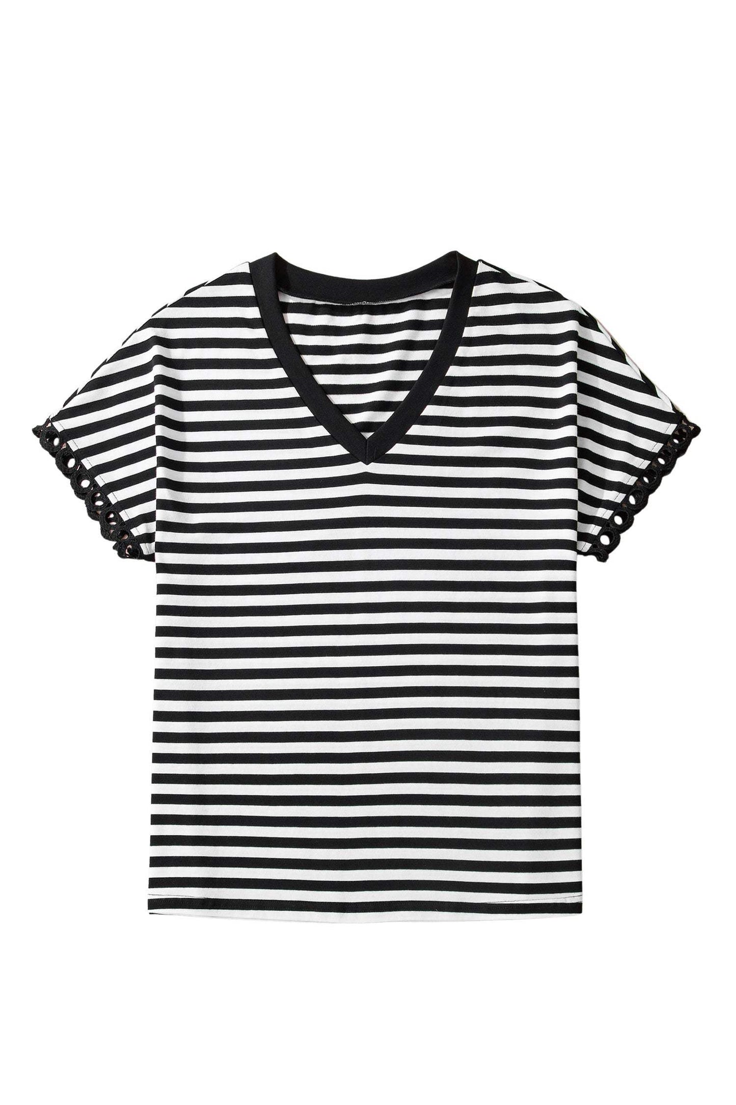 Black Striped Print V Neck Delicate Trim Casual Tee