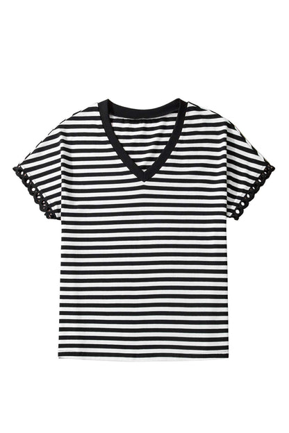 Black Striped Print V Neck Delicate Trim Casual Tee