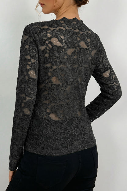 Black Elegant Stand Neck Lace Long Sleeve Top