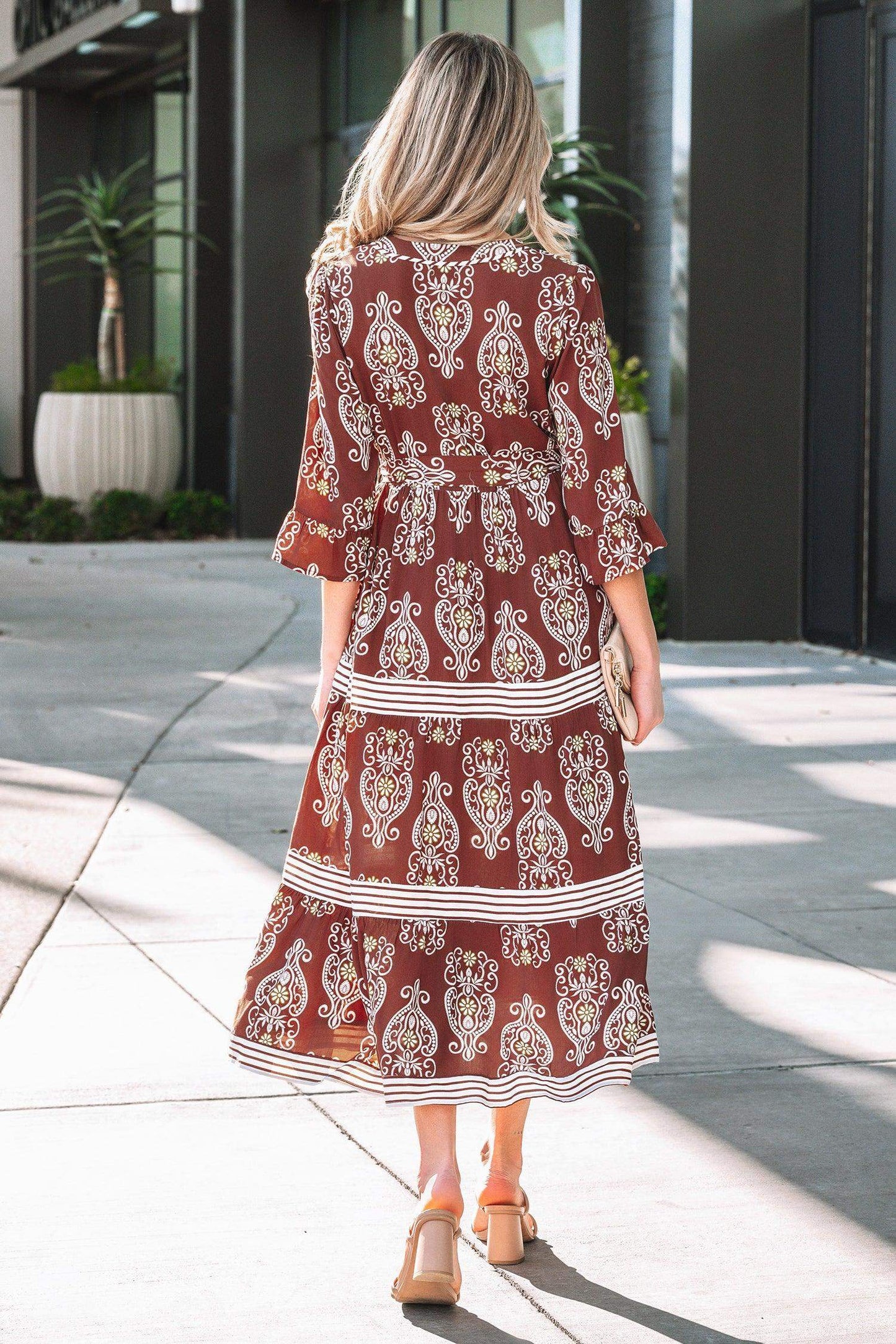 Brown Floral Print Belted Striped Trim Tiered Maxi Dress - Sweet Fashion Wholesale