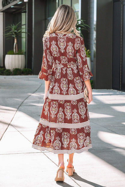Brown Floral Print Belted Striped Trim Tiered Maxi Dress - Sweet Fashion Wholesale