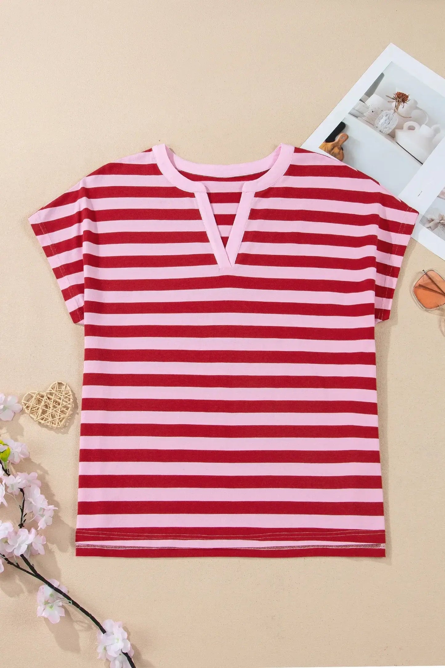 Pink Stripe Split V Neck Casual T Shirt - Sweet Fashion Wholesale