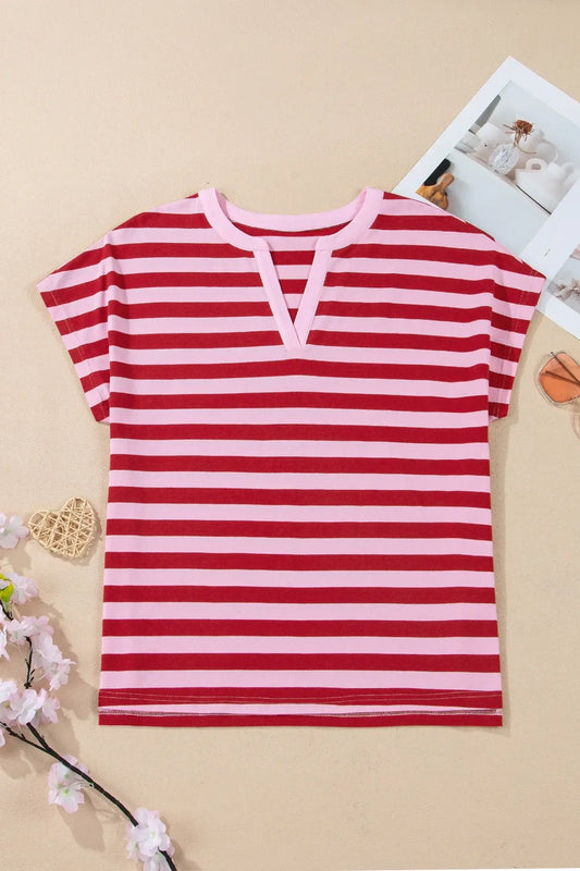 Pink Stripe Split V Neck Casual T Shirt - Sweet Fashion Wholesale