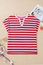Pink Stripe Split V Neck Casual T Shirt - Sweet Fashion Wholesale