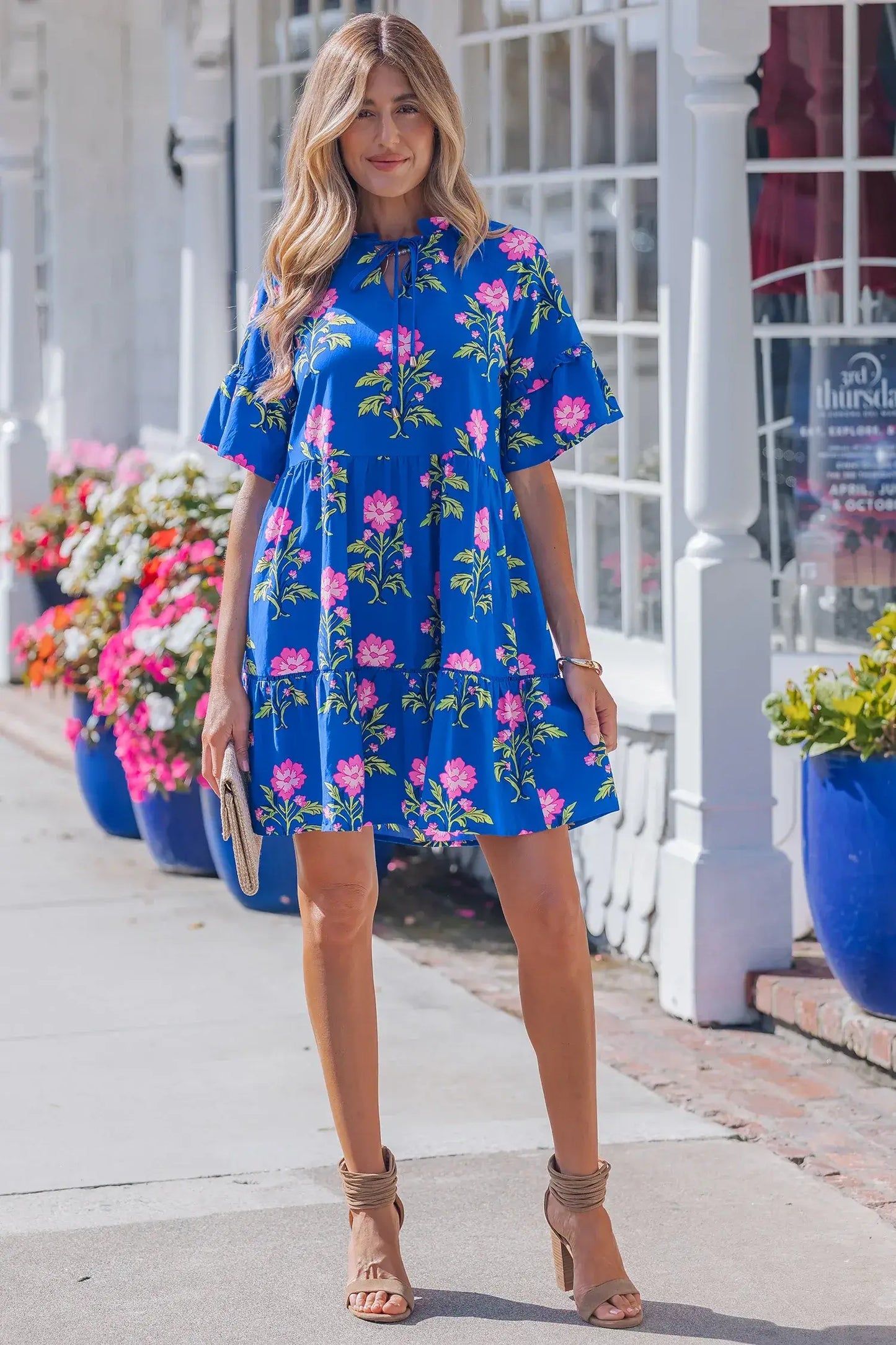 Blue V Neck Short Sleeve Loose Flower Dress - Sweet Fashion Wholesale