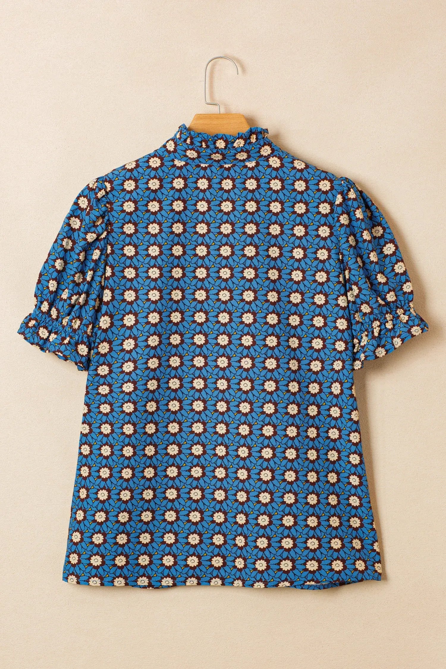 Sky Blue Retro Floral Print V Neck Pleated Detail Short Puff Sleeve Blouse - Sweet Fashion Wholesale