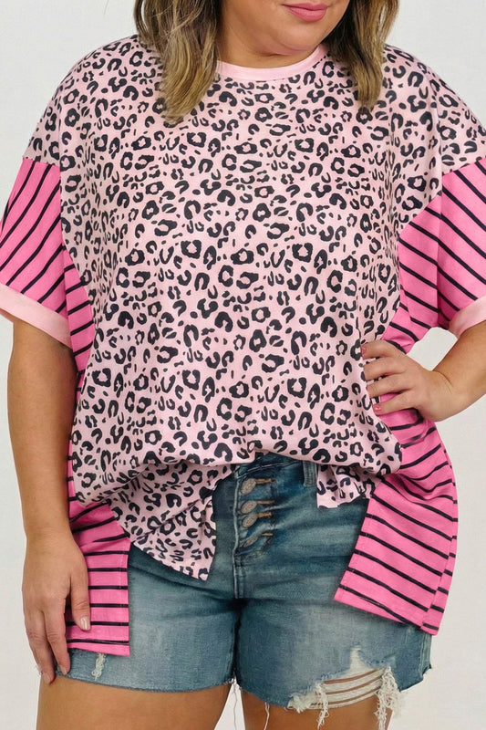 Pink Leopard Striped Contrast Patchwork Plus Size Tee