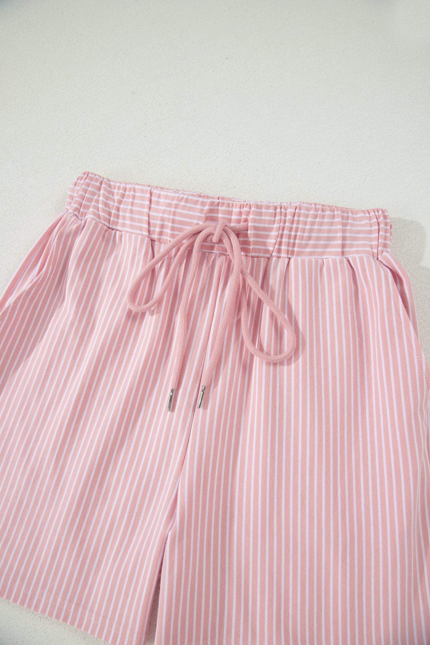 Khaki Stripe Dolman Sleeve Polo Shirt and Drawstring Shorts Set