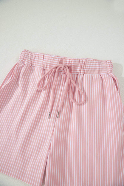 Khaki Stripe Dolman Sleeve Polo Shirt and Drawstring Shorts Set