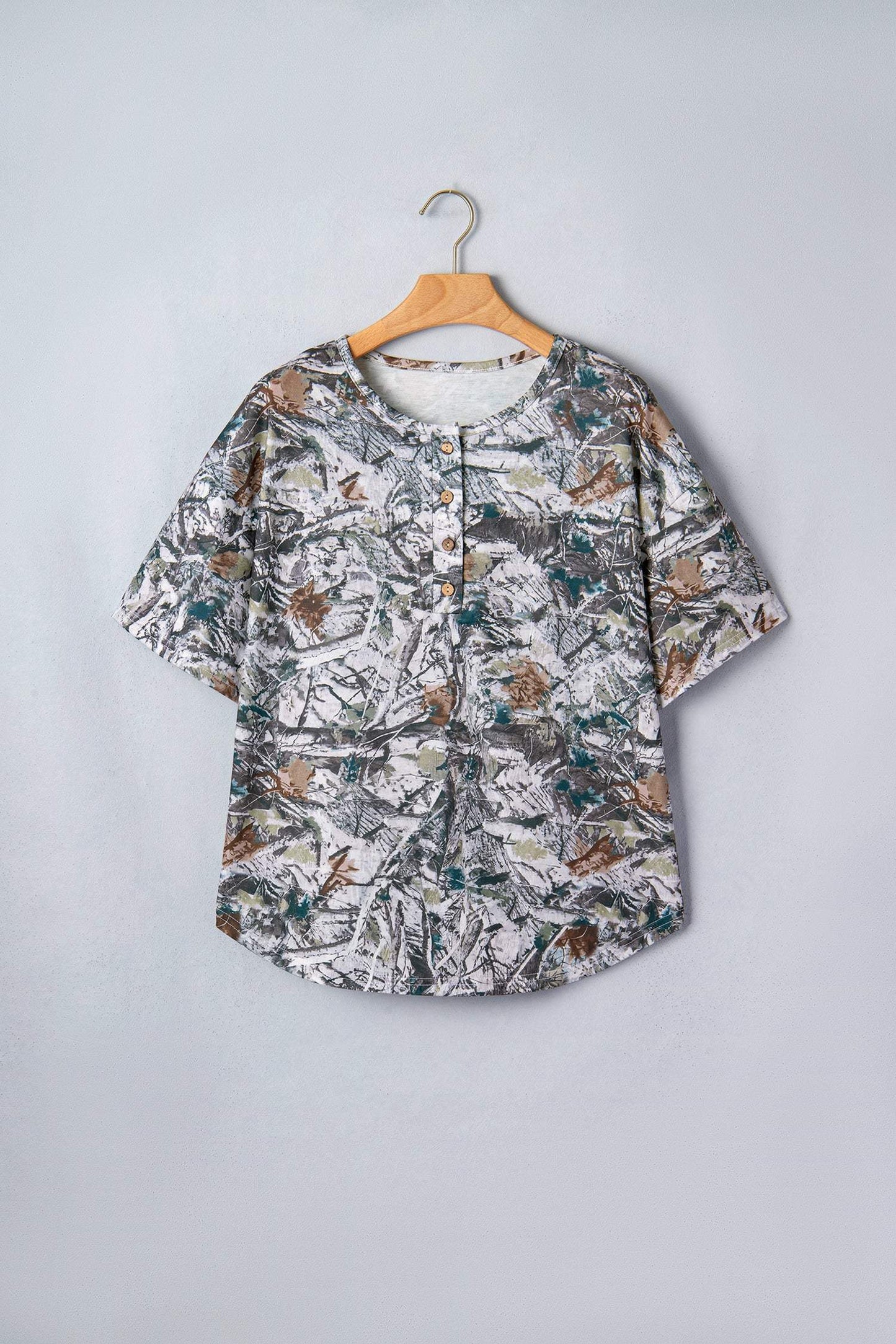 Gray Abstract Woodland Print Tunic Henley T Shirt