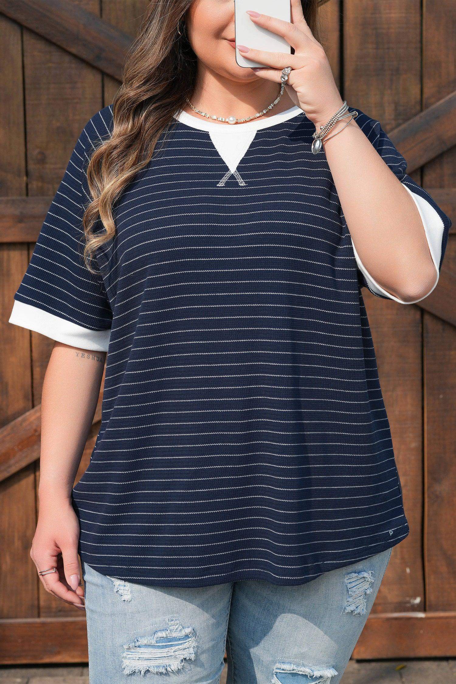 Blue Stripe Contrast Trim Plus Size Ribbed T Shirt - Sweet Fashion Wholesale