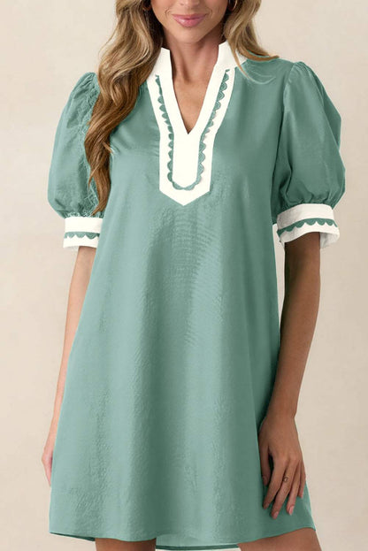 Canton Scallop Color Block Trim Puff Sleeve Mini Dress
