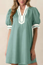 Canton Scallop Color Block Trim Puff Sleeve Mini Dress