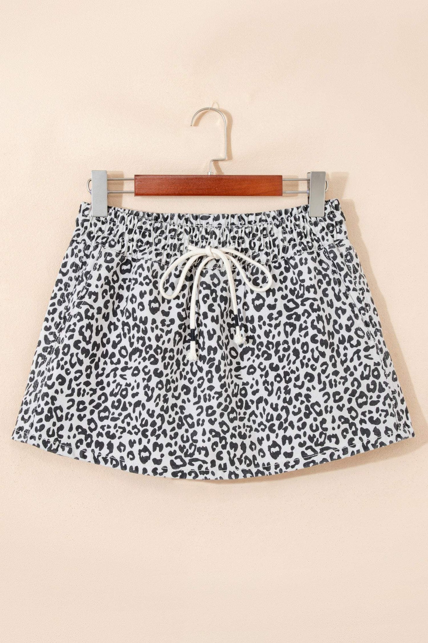 Khaki Leopard Print Tassel Drawstring Casual Denim Skort